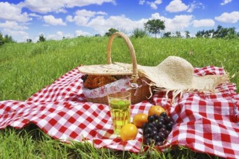 A picnic blanket loaded with food